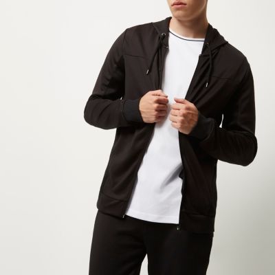 Black mesh panel zip up hoodie